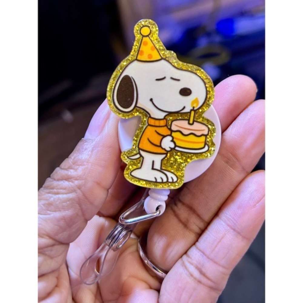Snoopy Birthday Badge Reel Retractable ID Holder Peanuts Glitter Party Hat Cake